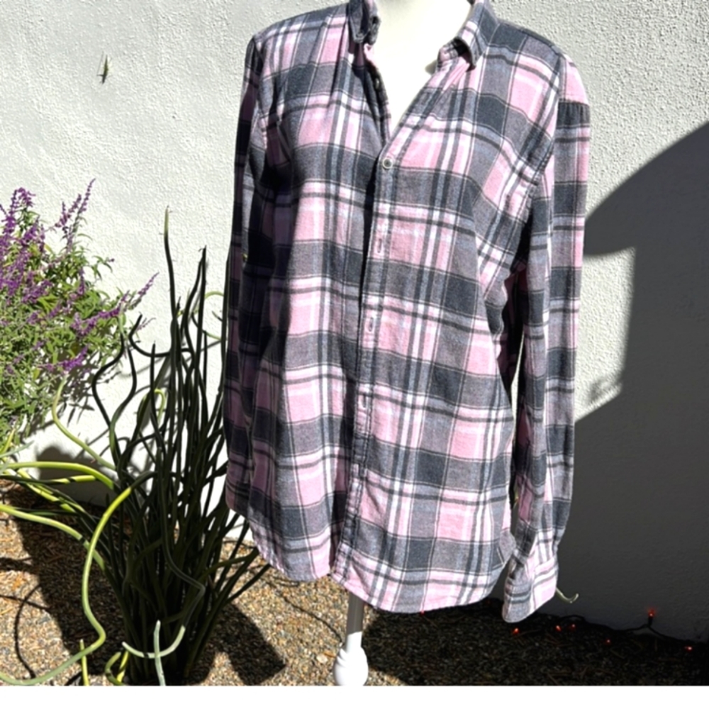 Denim And Flower Button Down Pink And Gray Plaid Shirt